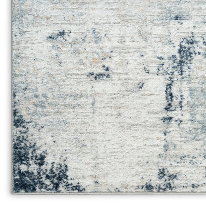 Ivory and blue abstract area rug with distressed pattern and plush pile, modern contemporary style.