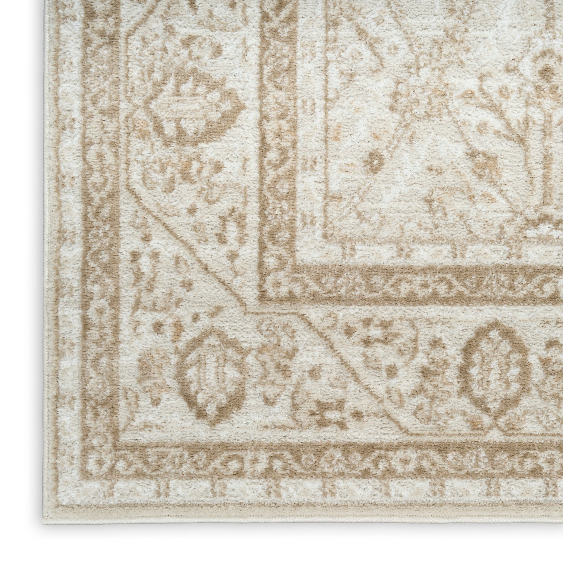 Beige cream oriental rug corner with intricate floral border and medallion pattern, soft textured pile.