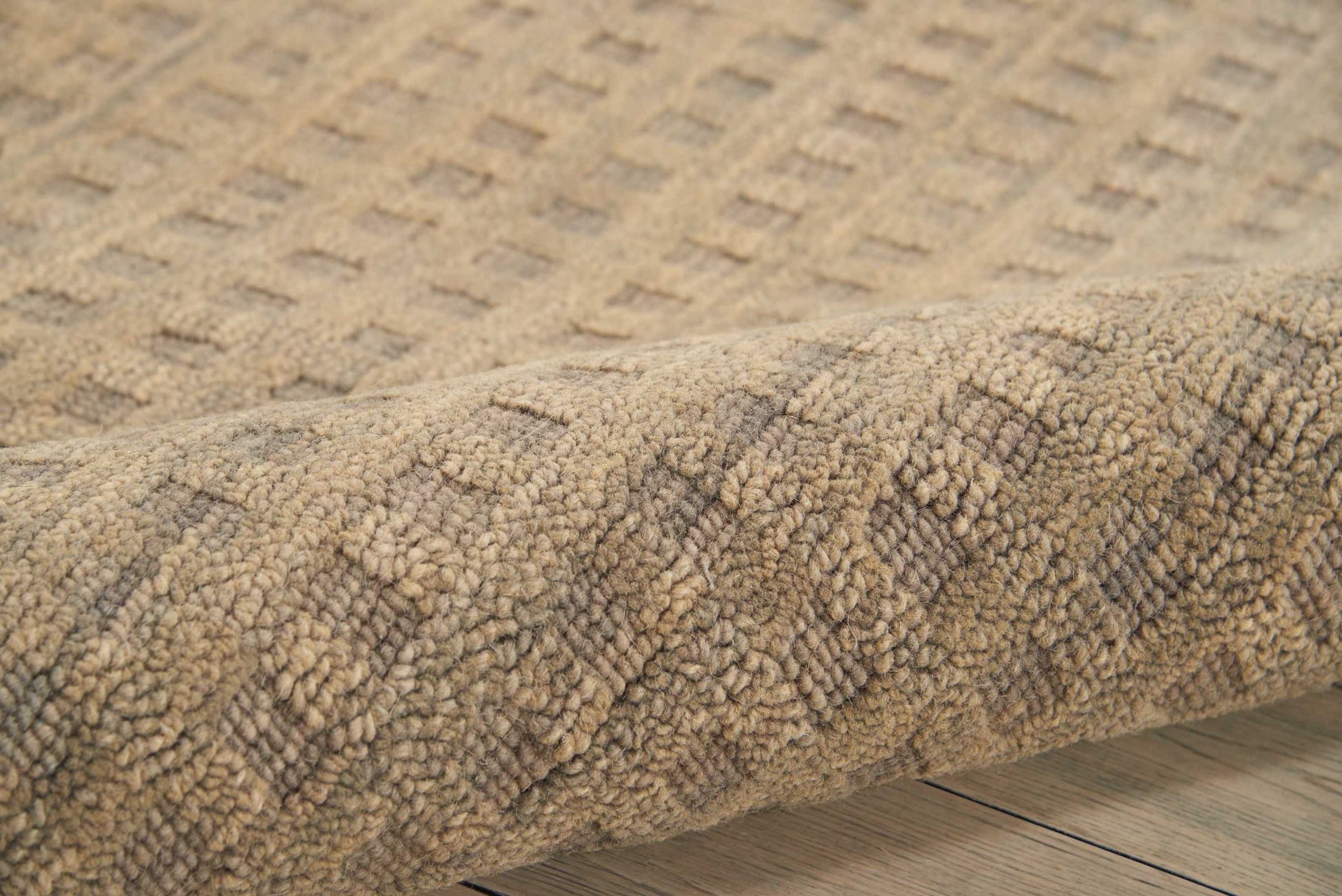 Beige & taupe loop-pile rug with subtle geometric border, rolled on a light wooden floor.