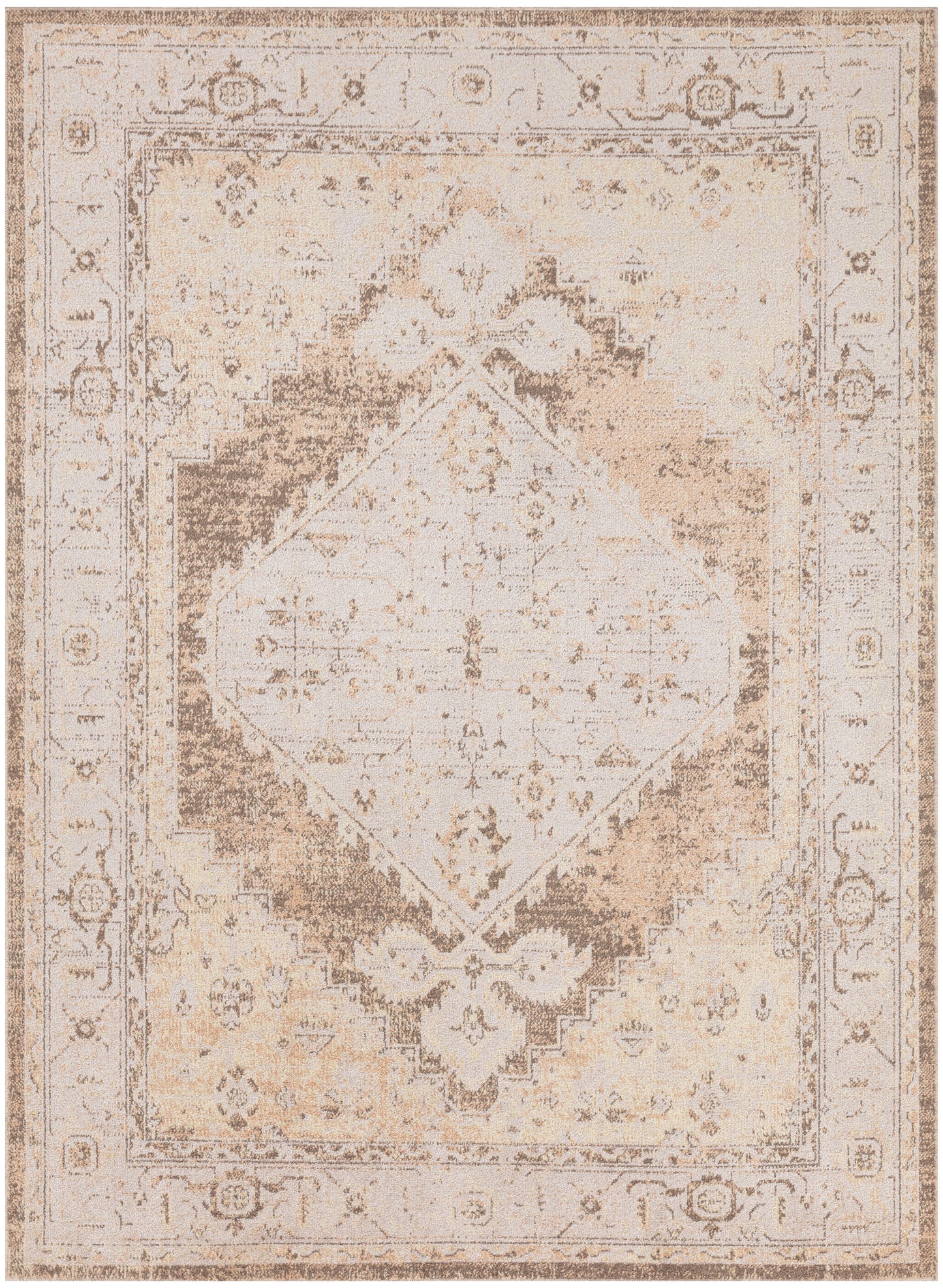 Beige distressed oriental area rug with ivory diamond medallion and warm tan border; vintage shabby chic style.