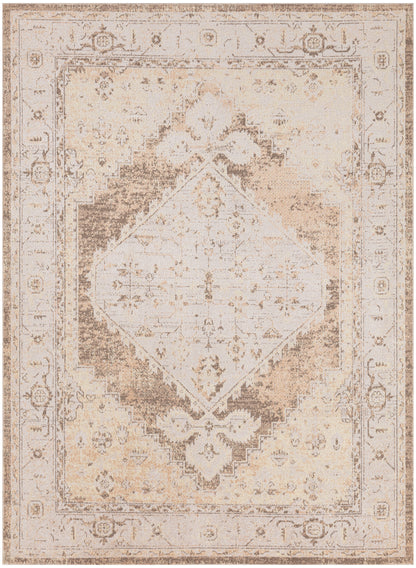 Beige distressed oriental area rug with ivory diamond medallion and warm tan border; vintage shabby chic style.