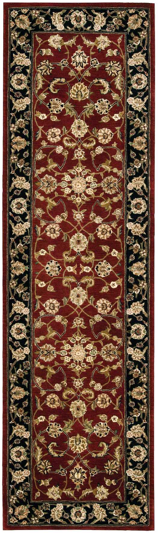 Persian-style rug runner with burgundy field, cream-gold floral vines and medallions, and a black floral border.