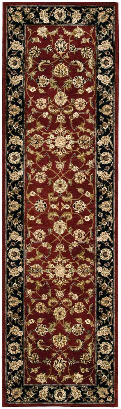 Persian-style rug runner with burgundy field, cream-gold floral vines and medallions, and a black floral border.