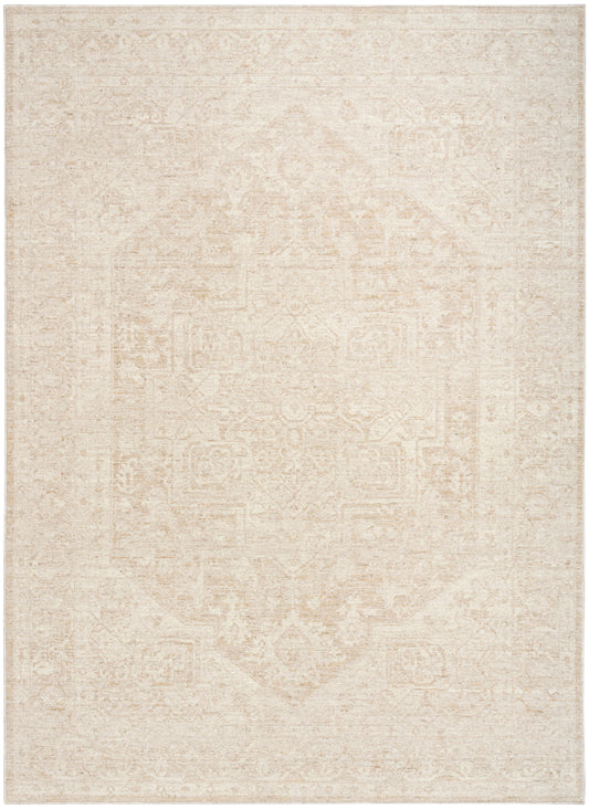 Beige distressed oriental area rug with muted vintage pattern and soft, low-pile texture.