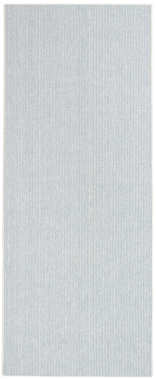 Light blue woven rug runner with a subtle white dot grid pattern; rectangular, farmhouse-style indoor rug, 8' long.