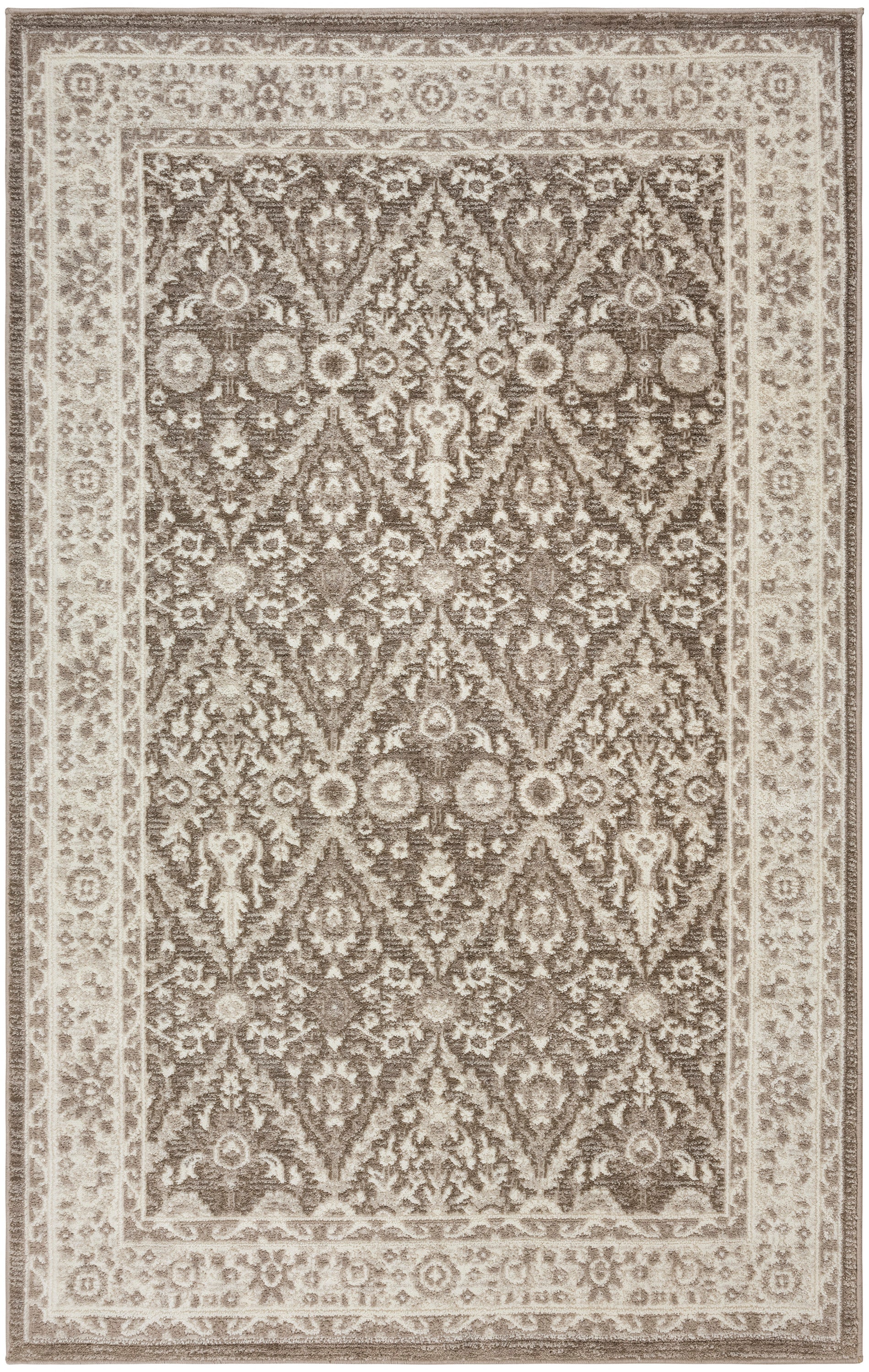 Brown and cream ornate oriental rug with diamond lattice and floral motifs, bordered by a beige border.