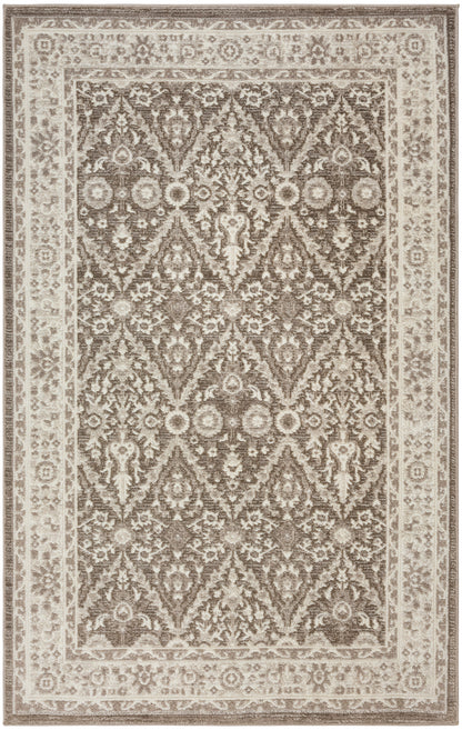 Brown and cream ornate oriental rug with diamond lattice and floral motifs, bordered by a beige border.