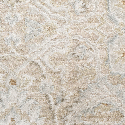 Beige, cream and light gray floral patterned rug with plush pile and damask-inspired design.