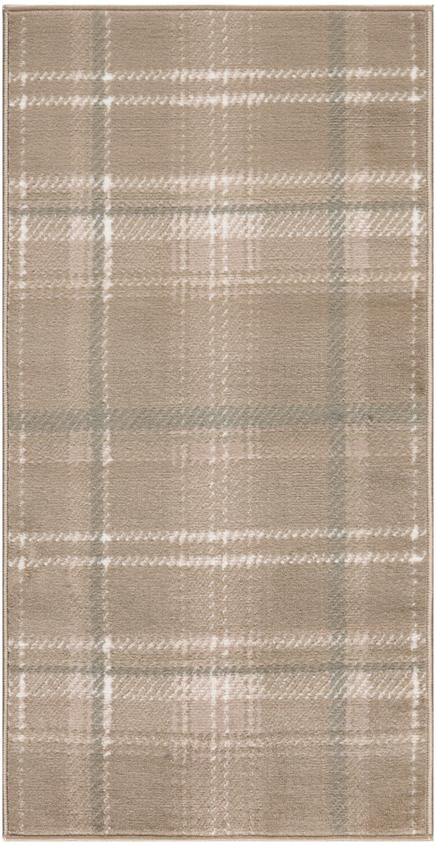 Beige plaid area rug with white and gray lines; soft woven texture, rectangular shape for cozy living room decor.
