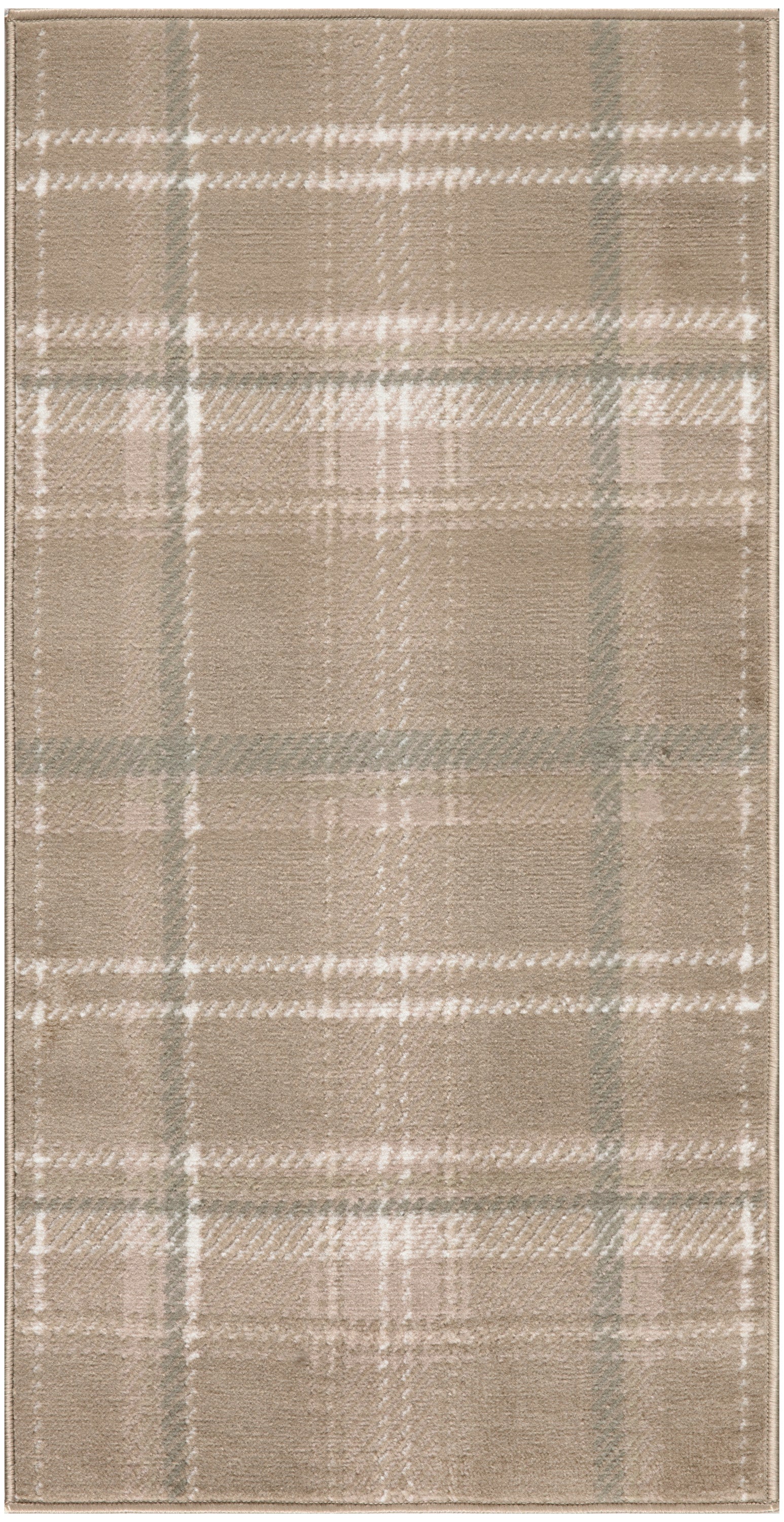 Beige plaid area rug with white and gray lines; soft woven texture, rectangular shape for cozy living room decor.