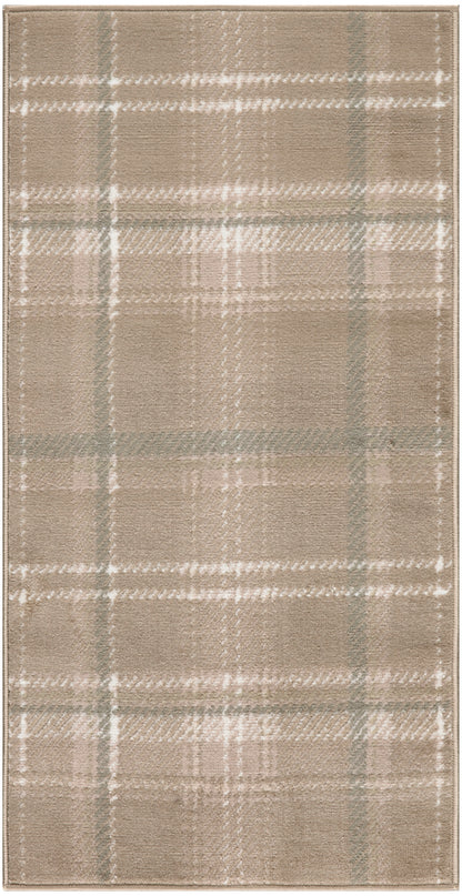 Beige plaid area rug with white and gray lines; soft woven texture, rectangular shape for cozy living room decor.