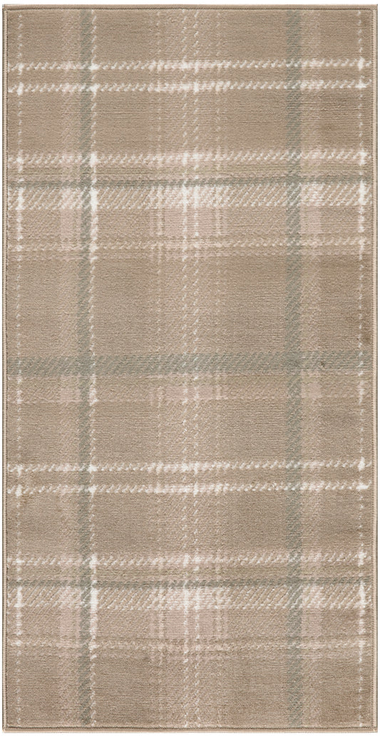 Beige plaid area rug with white and gray lines; soft woven texture, rectangular shape for cozy living room decor.