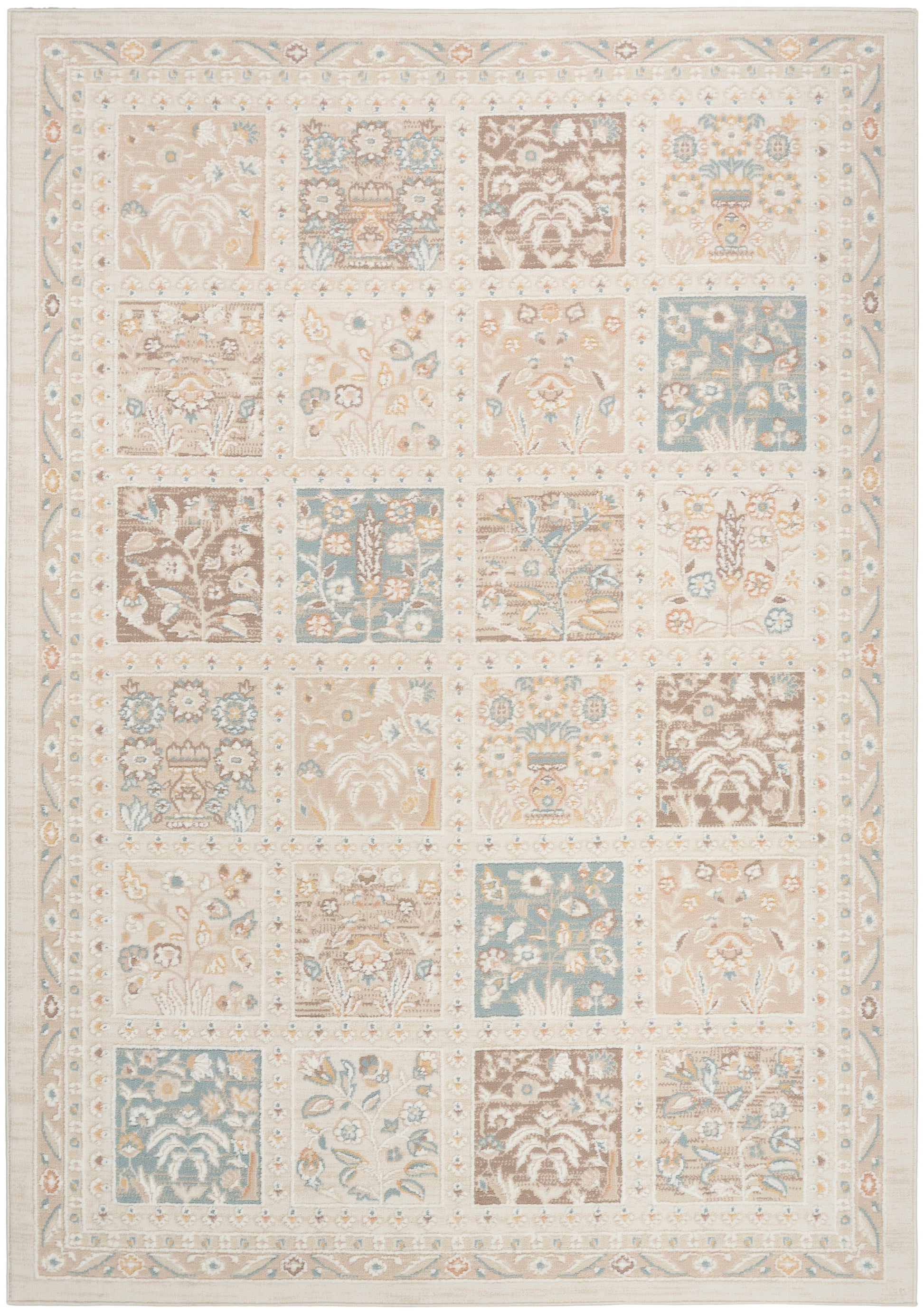 Pastel patchwork rug with square floral blocks in beige, cream, blue, and brown; decorative border.