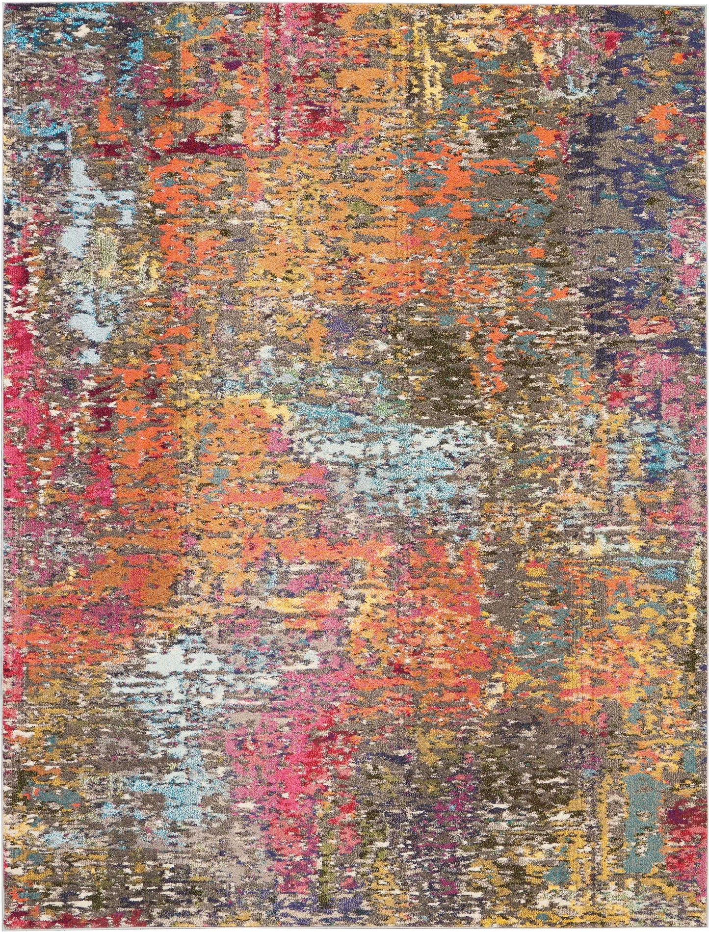 Woven abstract multicolor rug with orange, pink, blue, yellow and brown in a distressed modern pattern; rectangular.