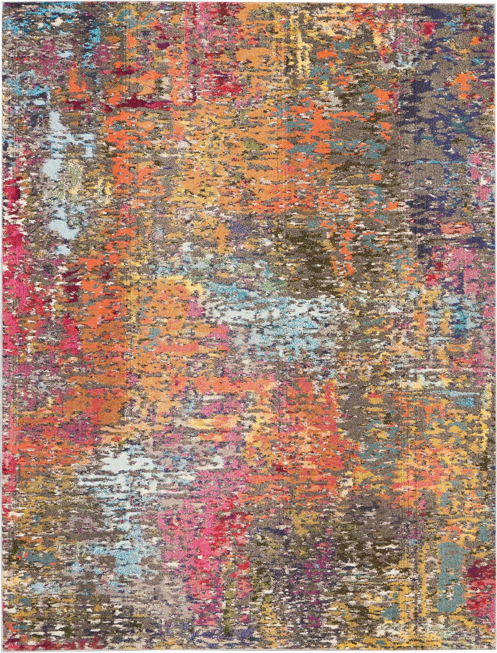 Woven abstract multicolor rug with orange, pink, blue, yellow and brown in a distressed modern pattern; rectangular.