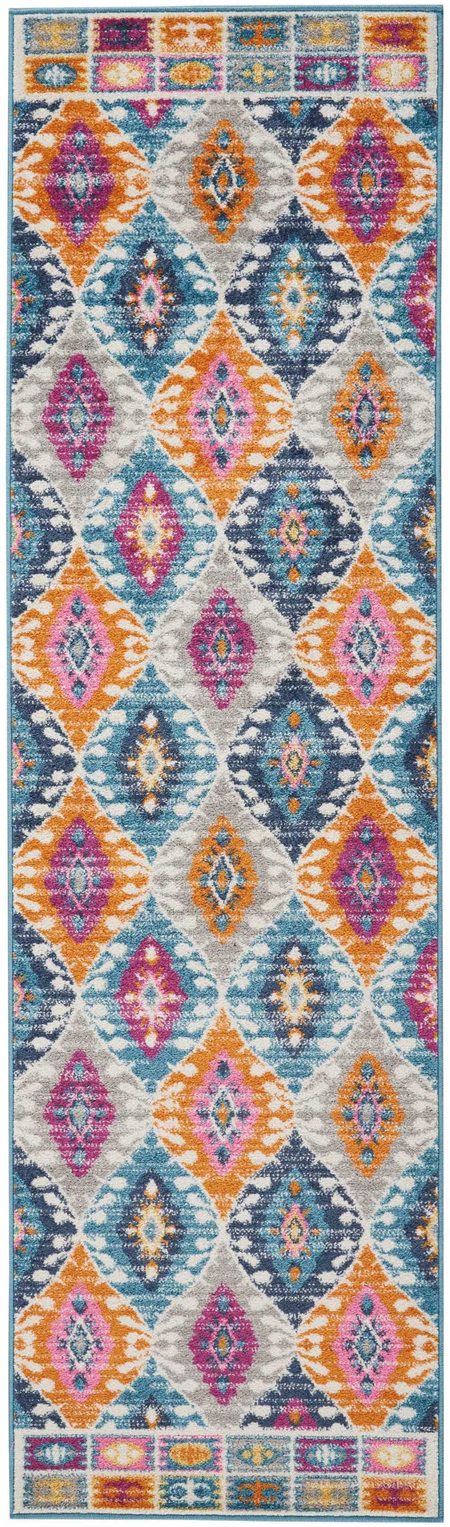 Vibrant geometric rug runner with diamond motifs in orange, teal, blue, magenta and gray; bordered by small square tiles.