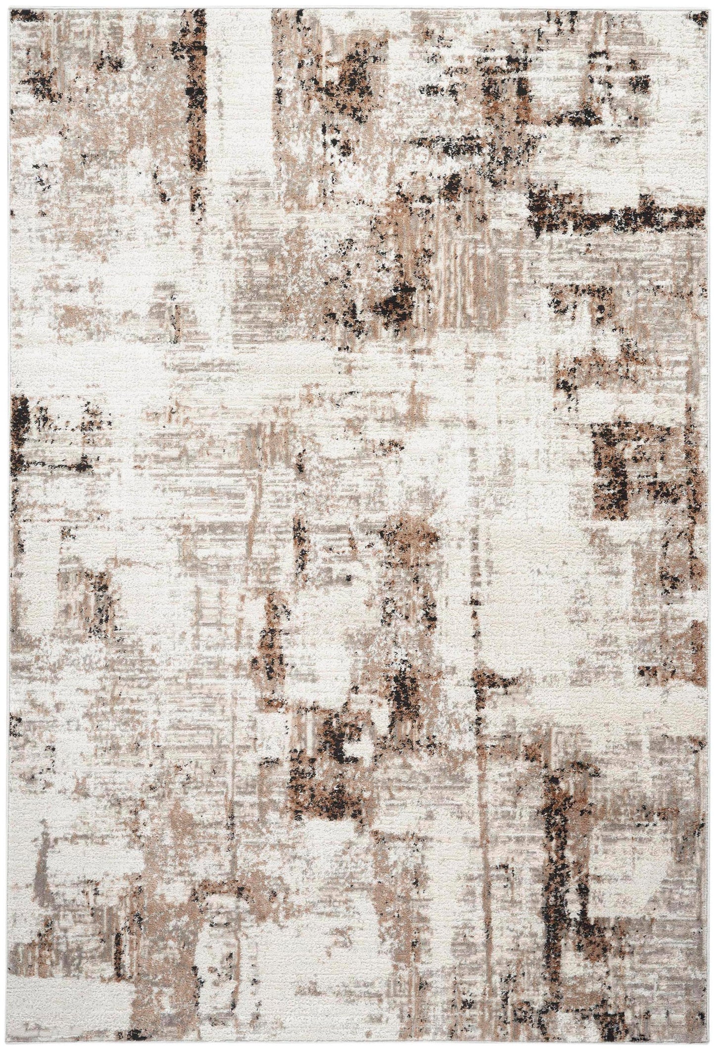 Rectangular abstract area rug in cream, beige and taupe with a distressed brown brushstroke pattern.
