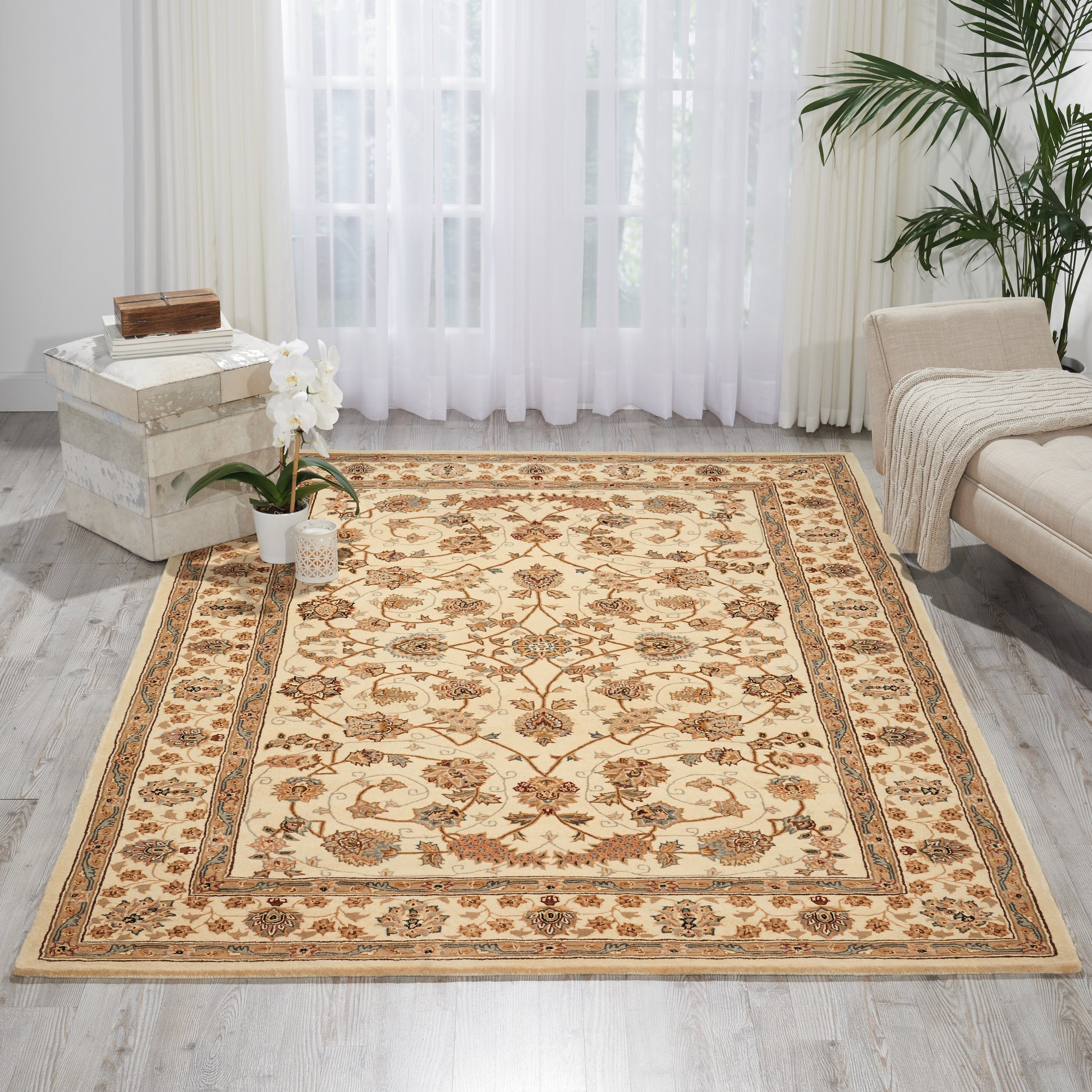 Rectangular cream oriental rug with tan floral border in bright living room; beige sofa, sheer curtains, potted plant.
