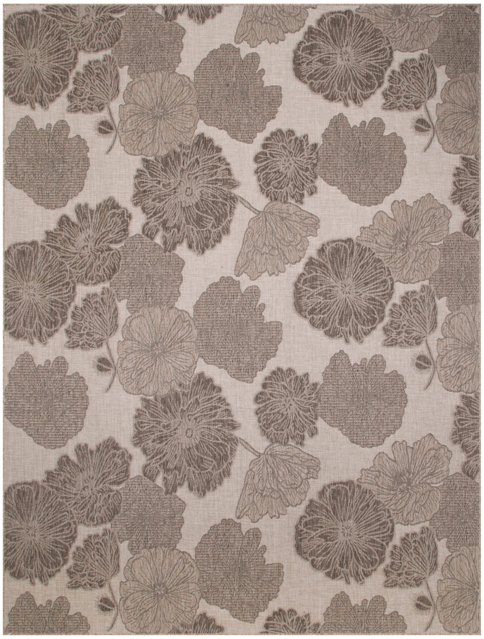 Beige linen-textured rug with taupe large floral damask pattern and leaves.