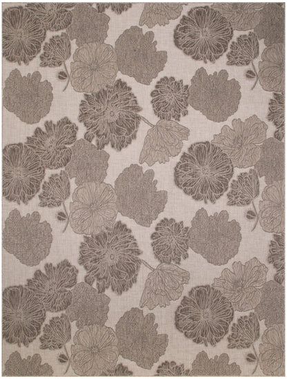 Beige linen-textured rug with taupe large floral damask pattern and leaves.