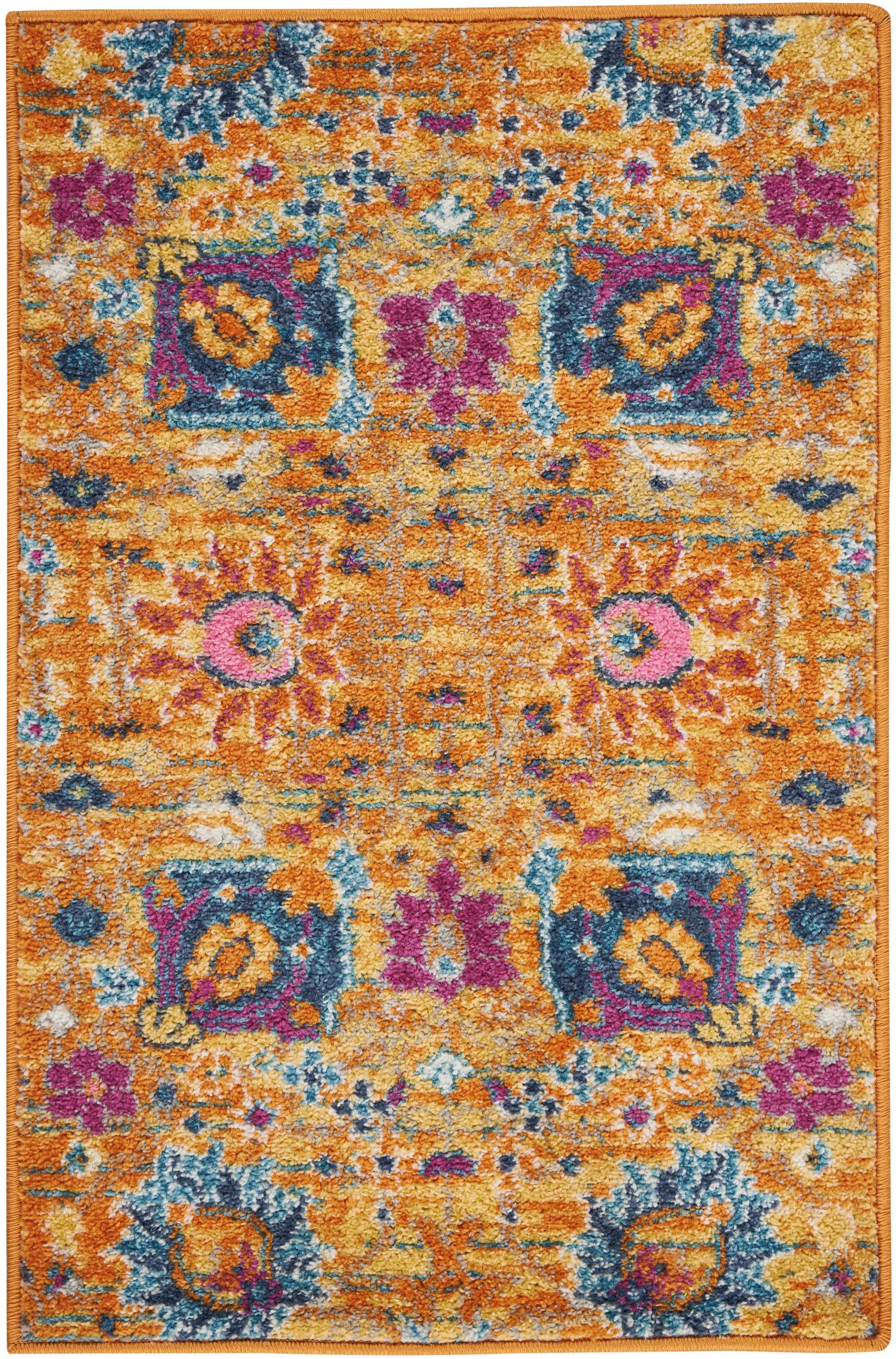 Rectangular plush orange area rug (2' x 3') with blue, teal, pink floral motifs in Bohemian-inspired pattern; shaggy pile.