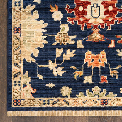 Traditional Persian-style rug with navy field, cream border, ivory and red floral motifs, and fringe along edge.