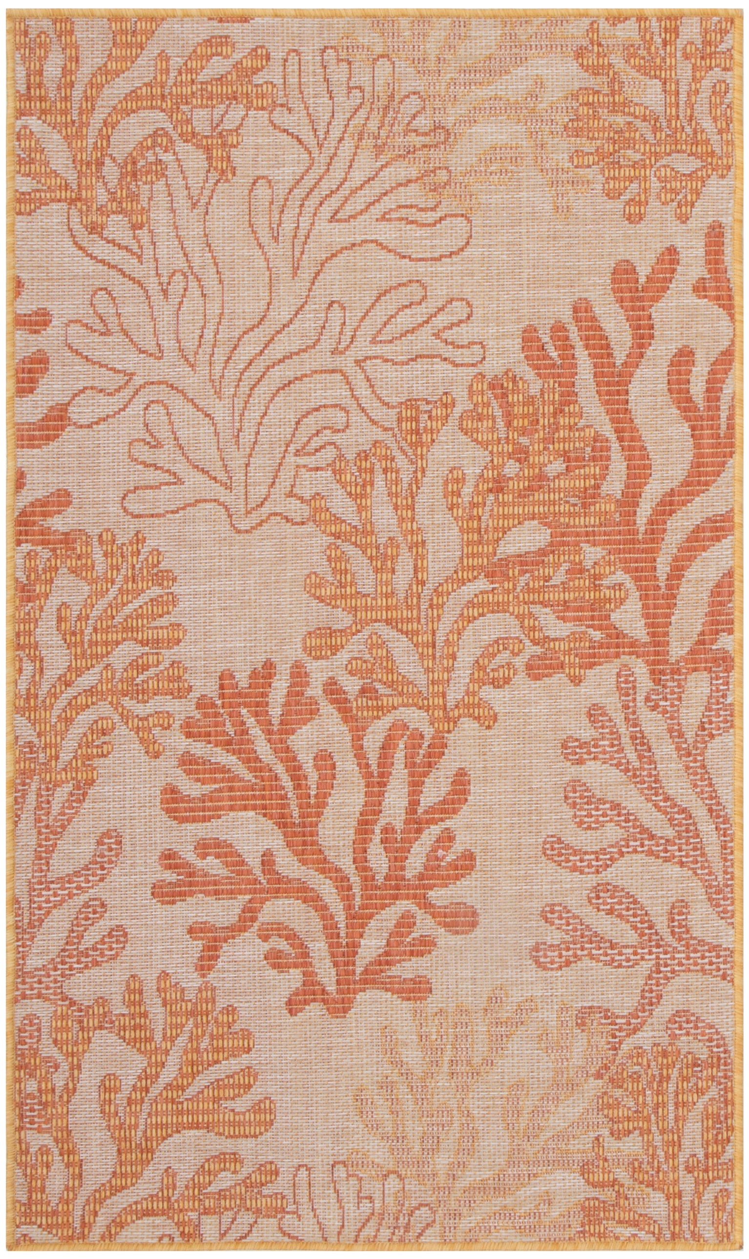 Rectangular rug with coral reef pattern in orange and peach tones on a beige background; woven coastal-inspired design.