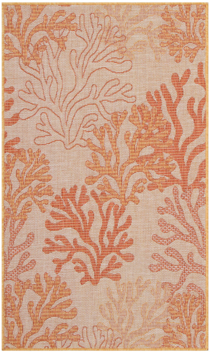 Rectangular rug with coral reef pattern in orange and peach tones on a beige background; woven coastal-inspired design.