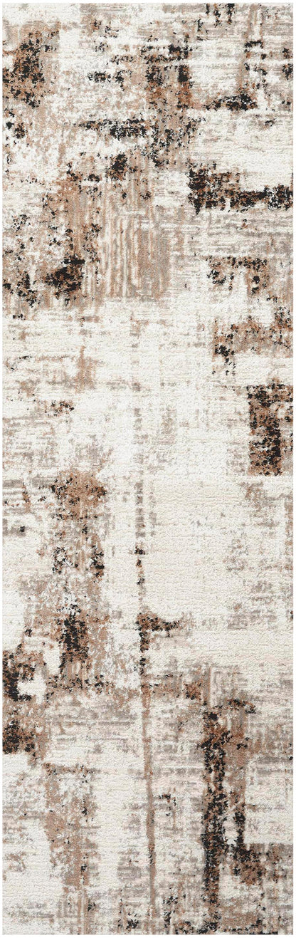 Rectangular abstract distressed rug runner in beige, cream and brown tones with a textured vintage look.