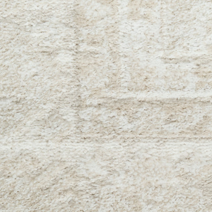 Cream shaggy rug close-up with plush beige fibers, soft texture for living room decor.