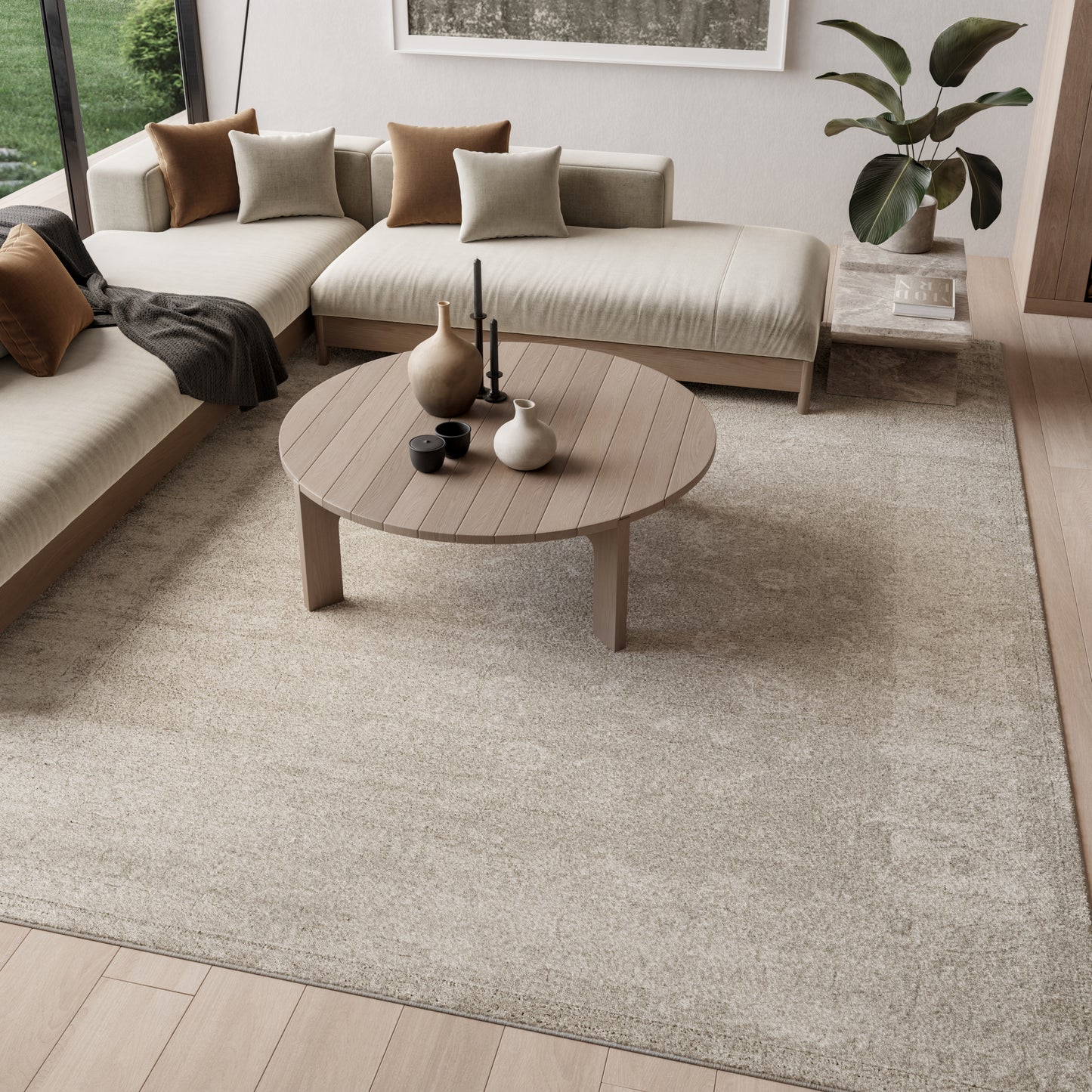 Beige vintage rug in a minimalist living room.