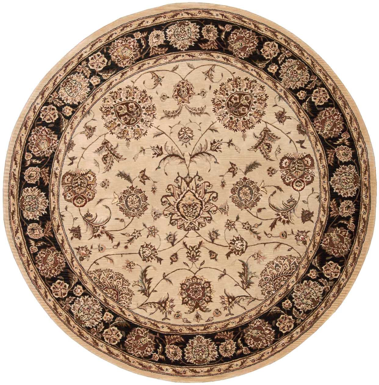 Round beige Persian-style rug with a dark brown floral border and ornate cream center featuring intricate floral motifs.