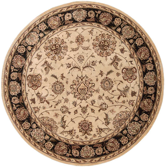 Round beige Persian-style rug with a dark brown floral border and ornate cream center featuring intricate floral motifs.