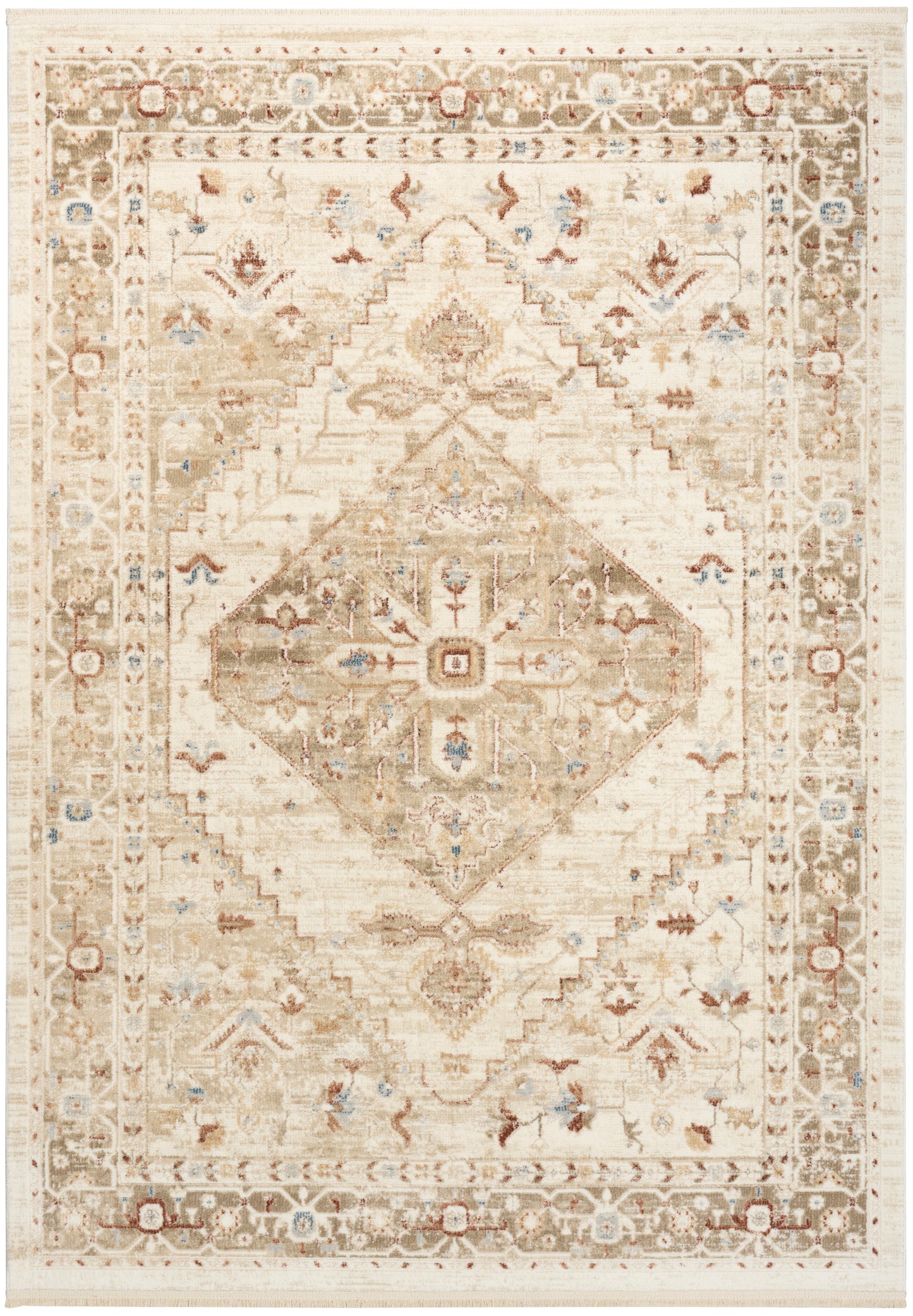 Cream distressed oriental rug with a diamond central medallion, soft beige, taupe and blue accents, ornate floral border.