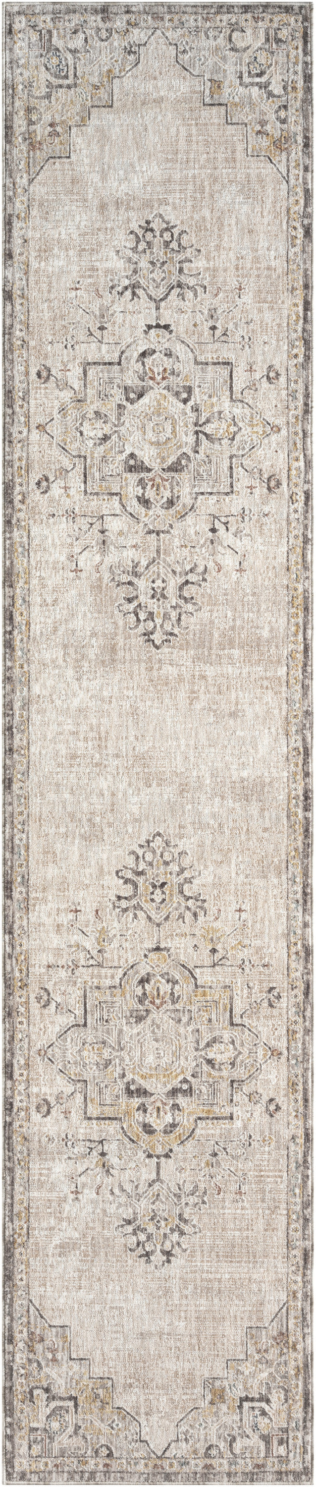 Beige distressed oriental rug runner with muted taupe and cream medallion motifs and geometric border for hallway decor.