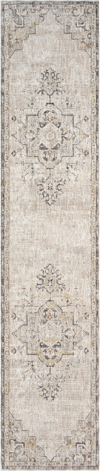Beige distressed oriental rug runner with muted taupe and cream medallion motifs and geometric border for hallway decor.