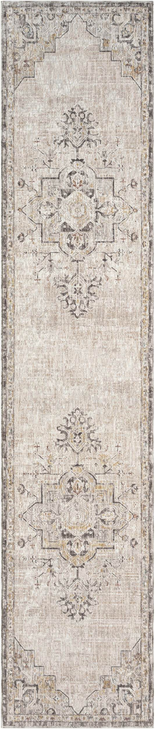 Beige distressed oriental rug runner with muted taupe and cream medallion motifs and geometric border for hallway decor.