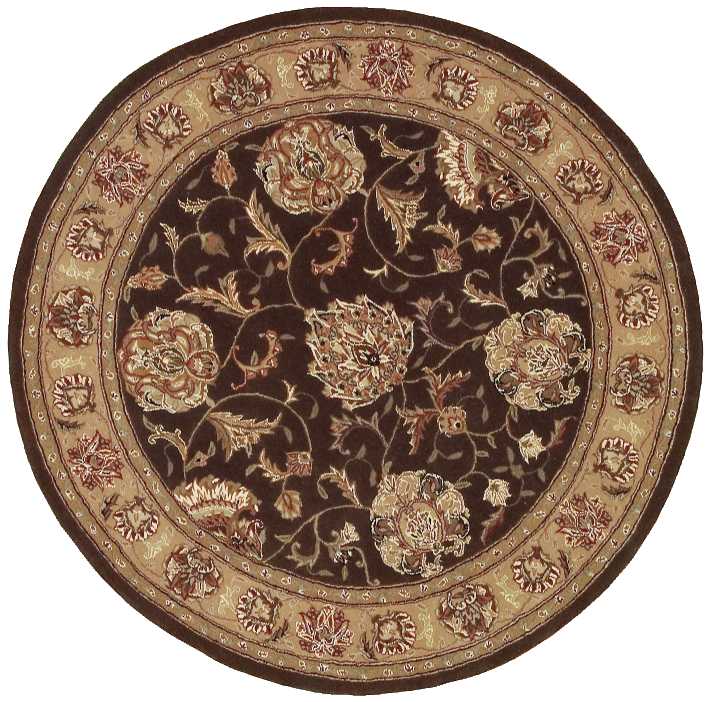 Round oriental area rug with black field and cream-gold floral border, Persian-style motif.