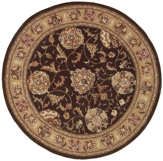 Round oriental area rug with black field and cream-gold floral border, Persian-style motif.