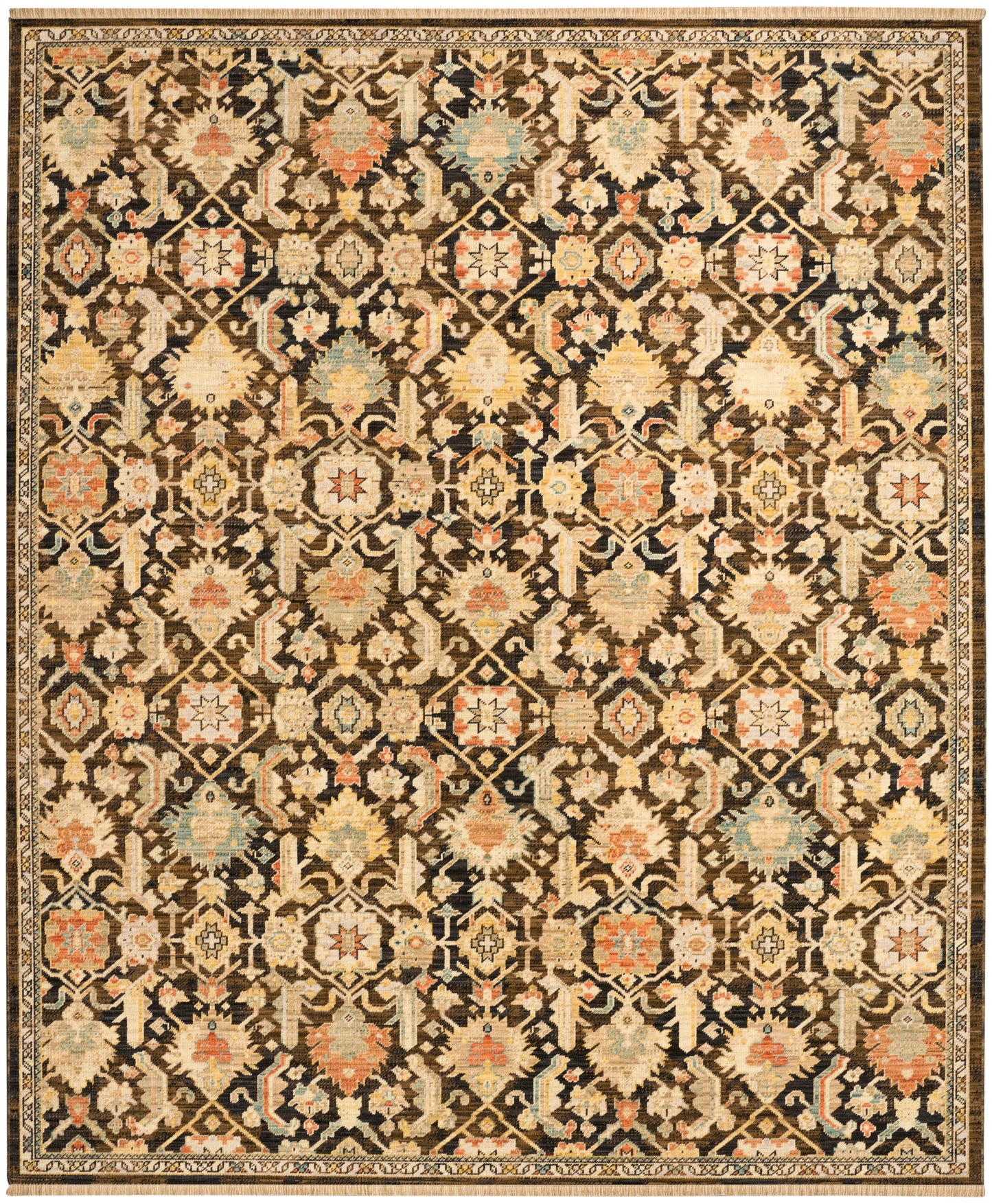 Rectangular oriental area rug with a black field and repeating ivory, beige, gold, coral, and blue floral lattice motif