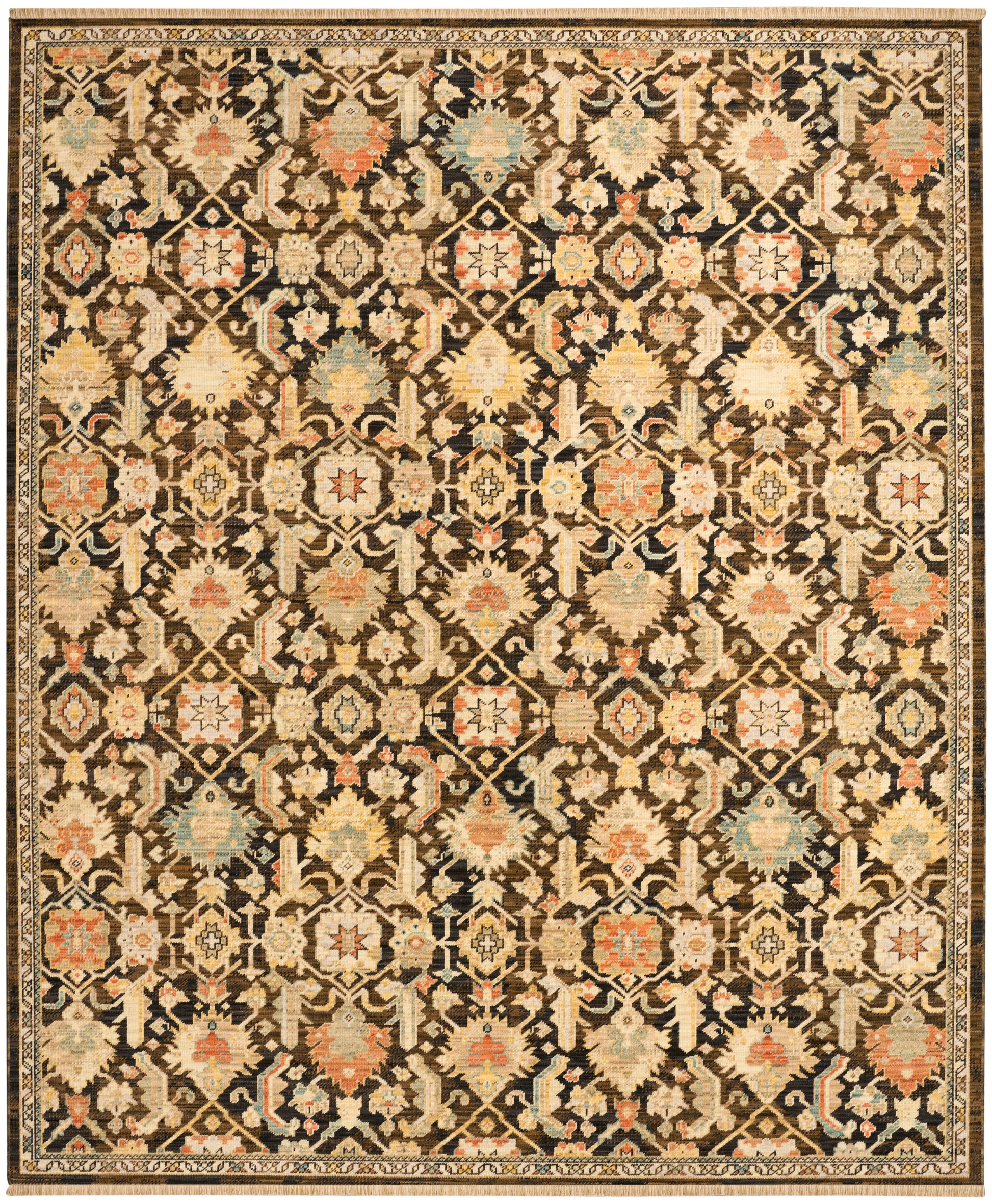Rectangular oriental area rug with a black field and repeating ivory, beige, gold, coral, and blue floral lattice motif