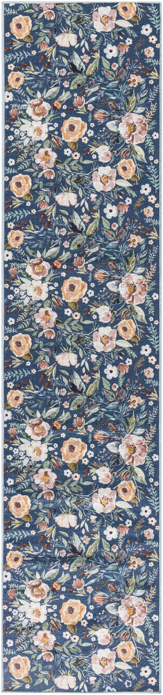Blue floral hallway runner rug with peach, pink and white blossoms and green leaves; rectangular, decorative woven floor mat.