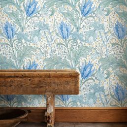 Lent Lily Wallpaper by Morris & Co. in Cornflower Blue featuring bold tulip flowers, miniature daffodils, and flowing acanthus leaf motifs. A luxury Arts & Crafts botanical wallpaper inspired by William Morris watercolor artwork, perfect for elegant bedrooms, living rooms, dining rooms, and feature walls.