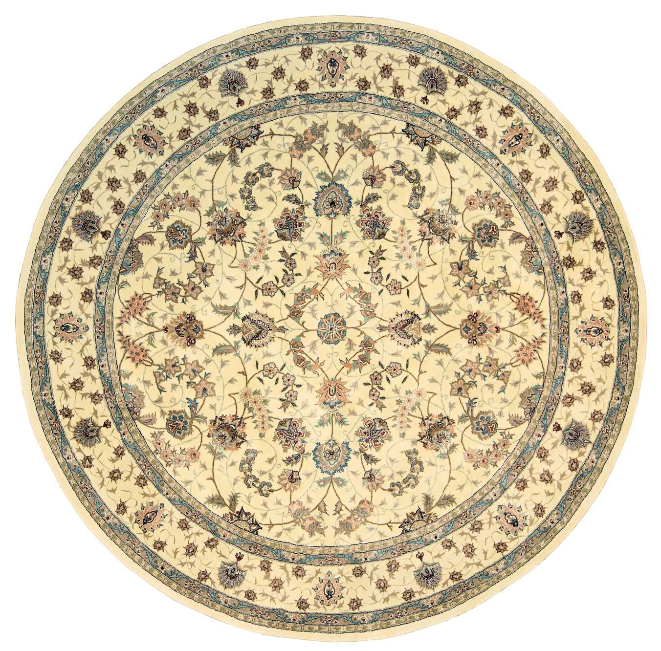 Round Persian-style floral area rug with ivory background, blue/teal blossoms and vines, ornate multi-ring border.