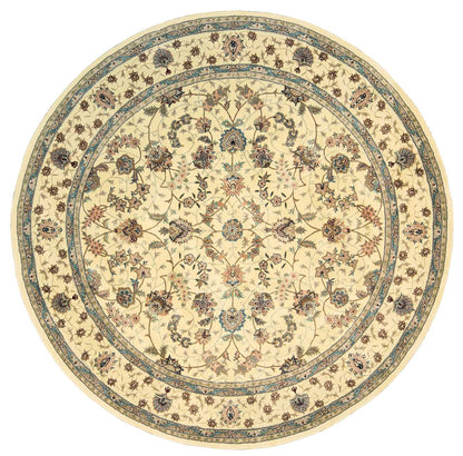Round Persian-style floral area rug with ivory background, blue/teal blossoms and vines, ornate multi-ring border.