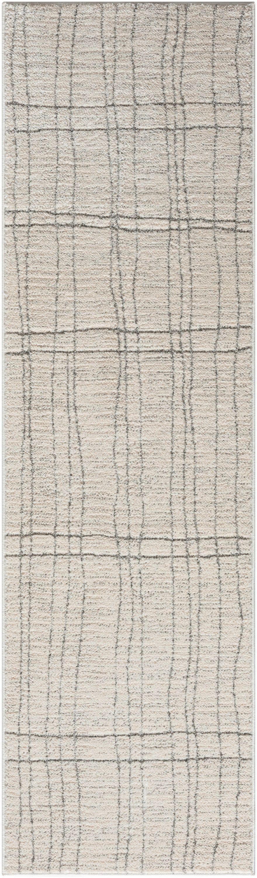 Beige woven runner rug with taupe plaid grid pattern; soft textured linen-like fabric, ideal for hallway or living room.