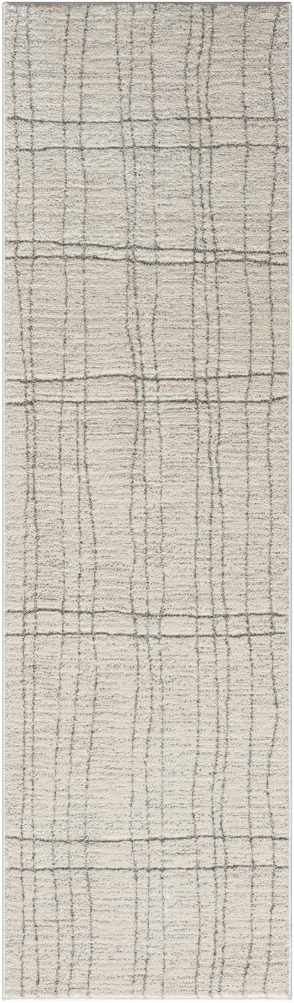 Beige woven runner rug with taupe plaid grid pattern; soft textured linen-like fabric, ideal for hallway or living room.