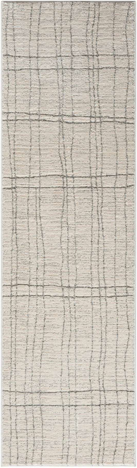 Beige woven runner rug with taupe plaid grid pattern; soft textured linen-like fabric, ideal for hallway or living room.