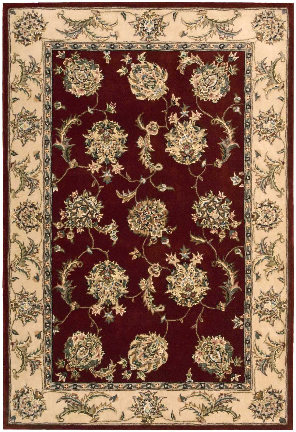Rectangular Persian-style rug with deep burgundy field, cream floral bouquets on vines, and beige floral border, woven pile.