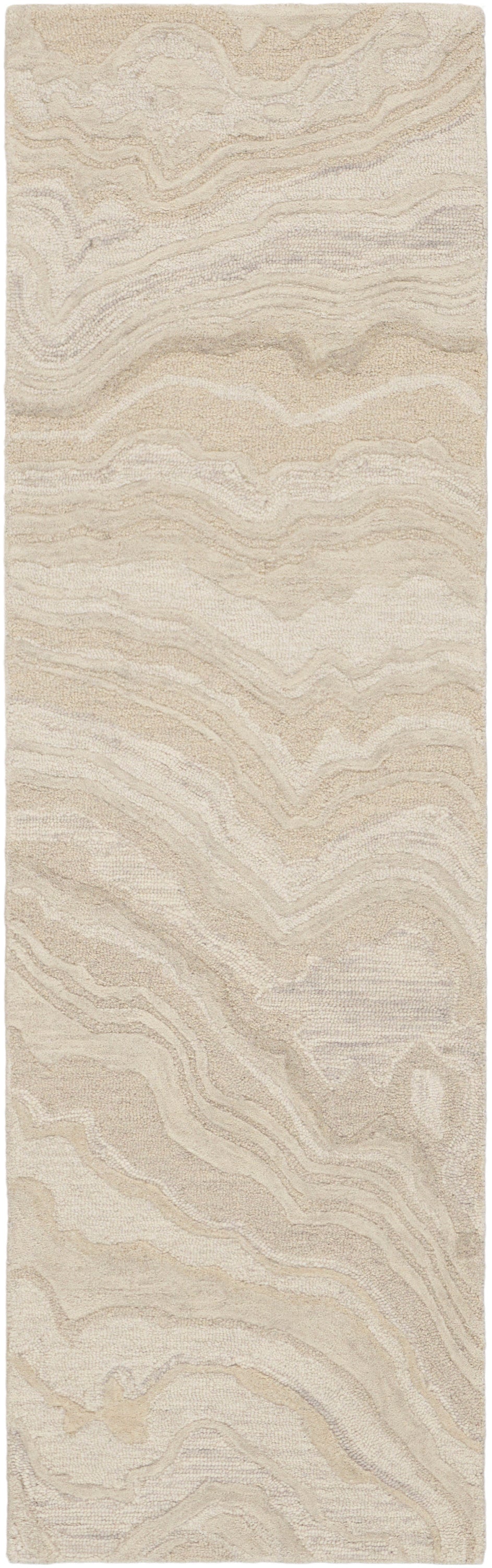 Beige abstract wave-patterned rug runner with soft textured shag and cream-tan tones.